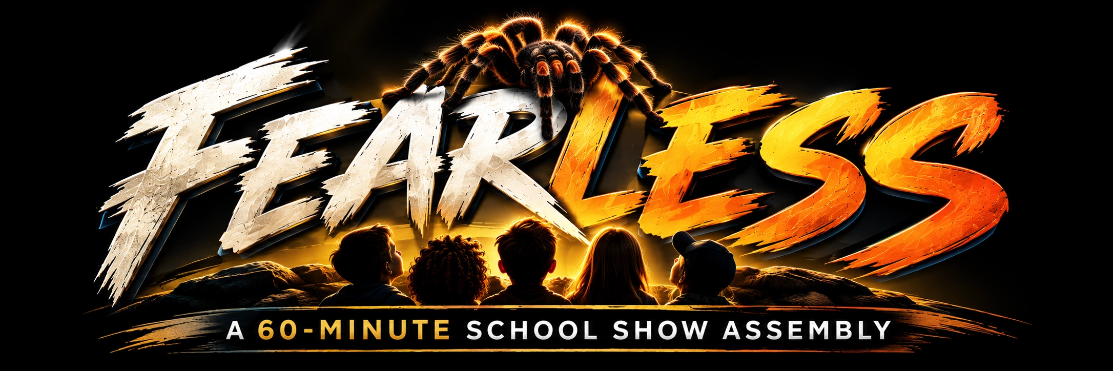 Fearless, a school show assembly from Wade Live, with a tarantula over the title and students watching